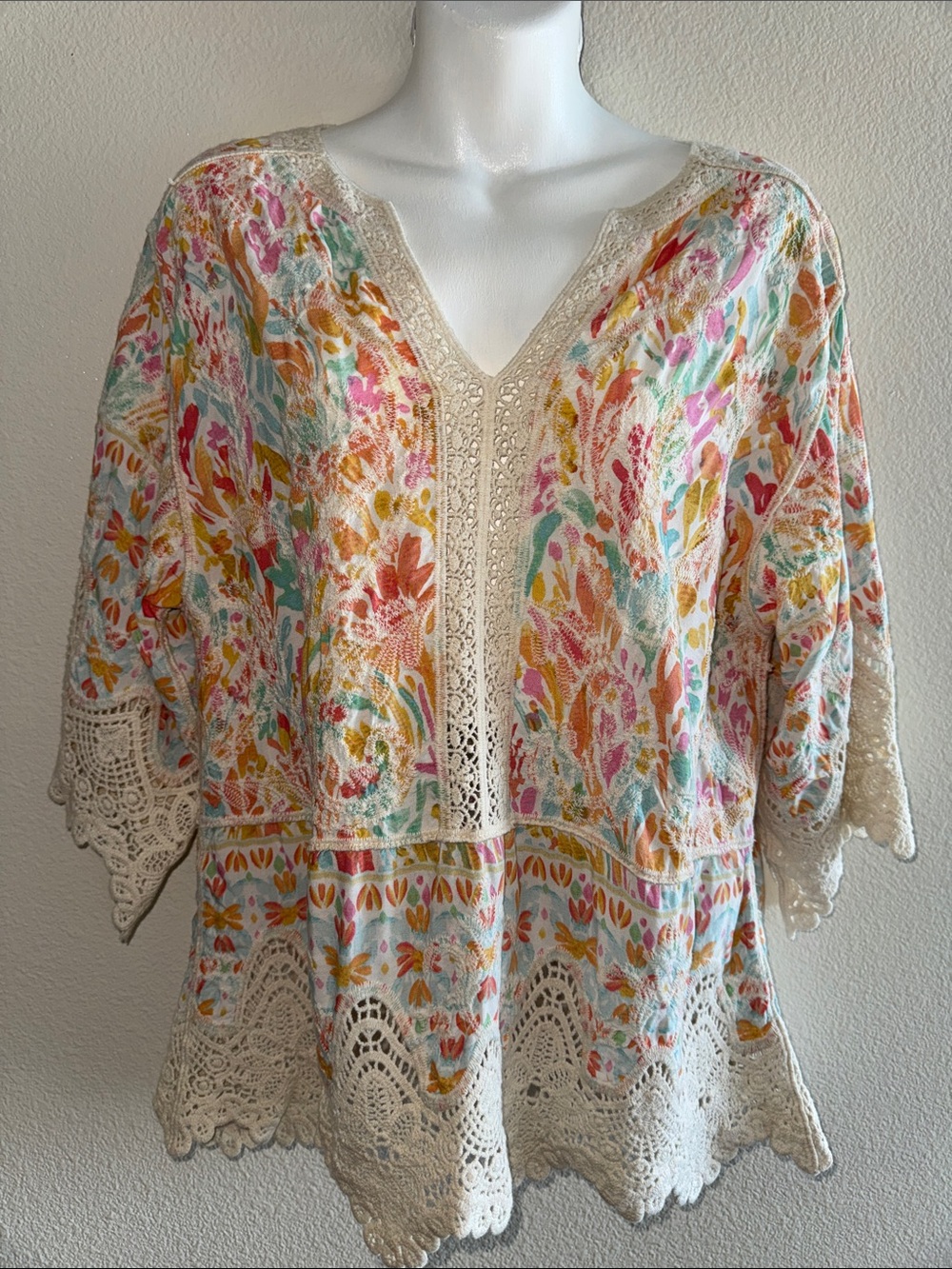 Democracy Floral Lace Trim Boho Top